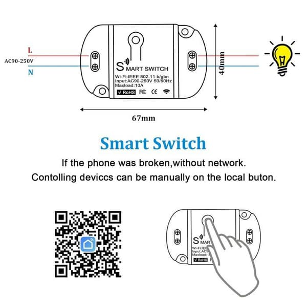 1 stk. Smart Switch med Alexa, Smart Life WiFi Switch