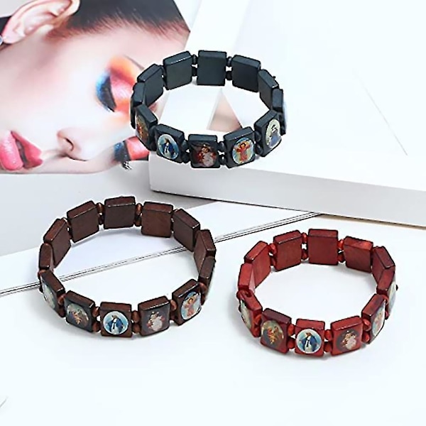 4 st Trärosary Jesus Armband Elastiskt Stretch Armband Med Bilder Av Religiösa Helgon Katolska Heliga Gudar Gudinna Bön Manifestation Armband