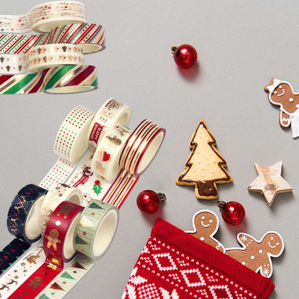 Set med 12 rullar jul-washi-tejp, guldmaskeringstejp, färgglada dekorativa tunna tejper, julmotiv, pysseltejp (1,5 cm x 5 m) (12)