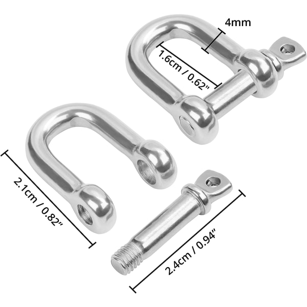 15-pack rostfritt stål M4 D ringskruvschackel med stift - kraftiga schacklar - 4 mm tjocka och 100 kg kapacitet - för marin montering, camping