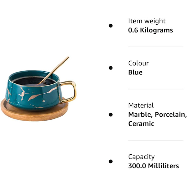 Porcelæn Te Kop Kaffe Kopsæt til Eftermiddagste - Marmor Mønster (Kort 301ml + Træ Underkop)