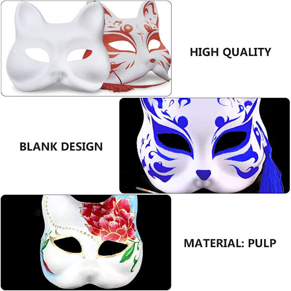 Valkoinen paperi tyhjä käsin maalattu naamiot, Anime Cosplay naamio, Japanilainen tyyli Anime puoli kasvot kissa naamio, DIY eläin maalaamaton käsityö naamiot
