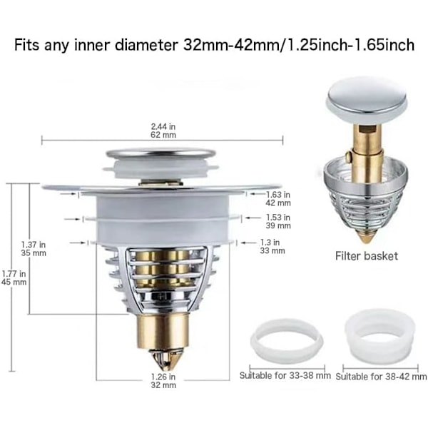 Universal Badeværelsesvask Propper, Pop Up Vask Hul Propper Dæksel med Si til 32-42mm Aftapningshuller, Rustfrit Stål Push Style Propper til Vask
