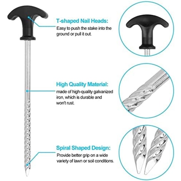 10 kpl spiraali telttailun maakiiloja, 20 cm galvanoidut ruostumattomat telttailun maakiilat Bivvy-leiriytymisnaulat kestävä köysi Bivvy-naulat kahvalla leiriretkelle vaellukselle