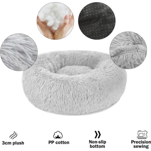 Rund Blød Kattekurv - Anti-Stress Pude - Vaskbar - 40cm - Lysegrå