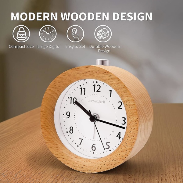 Analog väckarklocka utan tickande, väckarklocka i trä med snooze, retro väckarklocka bordsur med nattlampa, väckarklocka utan strålning Batt