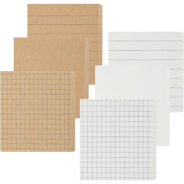 6-pack Kraft Sticky Notes, 480 ark 3x3 tum Självhäftande Sticky Notes med Linjer, Kraftpapper Linjerade Rutor Sidor Limmade Memo Sticky Notes