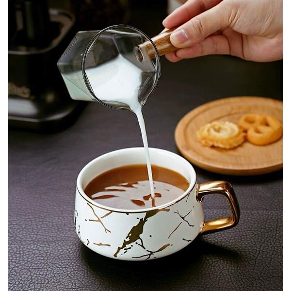 Porcelæn Te Kop Kaffe Kopsæt til Eftermiddagste - Marmor Mønster (Kort 302ml + Træ Underkop)