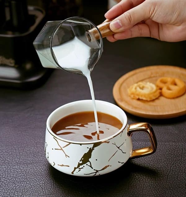 Porcelæns tekop kaffekrus sæt til eftermiddagste - Marmormønster (Kort 302ml + Træunderkop)