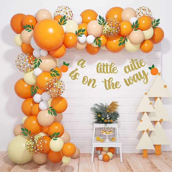 122pcs Little Cutie Baby Shower Decorations, Orange Yellow Balloon Garland Arch Kit, Willow Leaves A Little Cutie Is On The Way Banner For Tangerine T