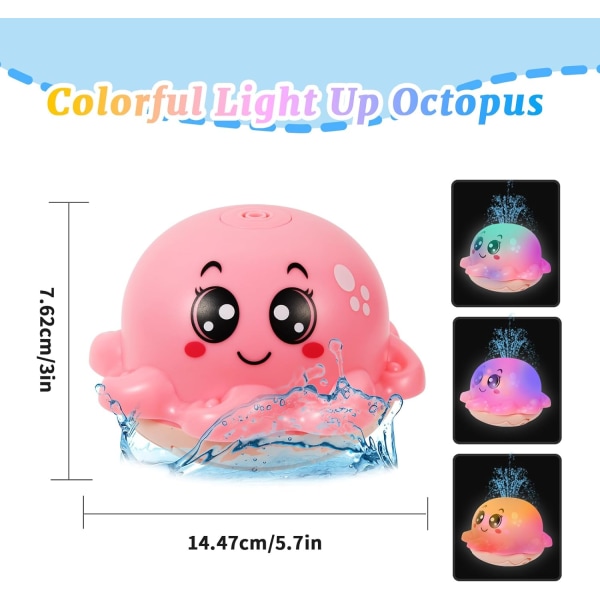 Baby badleksaker för 1 2 3 år gamla pojkar flickor, LED automatisk spray vatten bläckfisk lyser upp badkar simbassäng leksaker presenter för småbarn 0-6 månader Pink Octopus