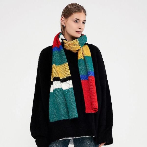 Kul kontrastfarge patchwork striper strikket skjerf, dame vinter ny høykvalitets europeisk