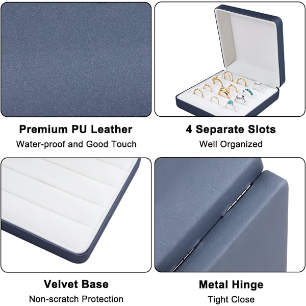 Smykke Ring Organizer Boks, Liten Smykkeboks, Reise Smykkeetui, Bærbar Ring Oppbevaring Displayboks, PU Lær Ringer Skuff Holder Boks Blue