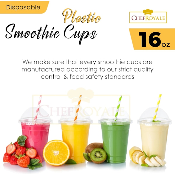 100 stk. Smoothie-kopper i plast med kuppelformede lokk - Smoothie-kopp med lokk til smoothies - Gjenvinnbare og engangskopper (100-pakning) 16oz