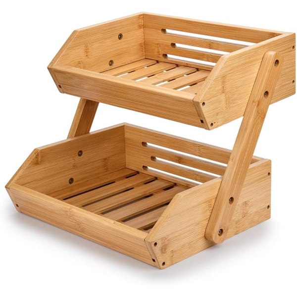 2-Tier Bamboo Fruit Basket Bowl Holder, Bread Vegetables Storage, Snacks Rack in Home Kitchen and Office