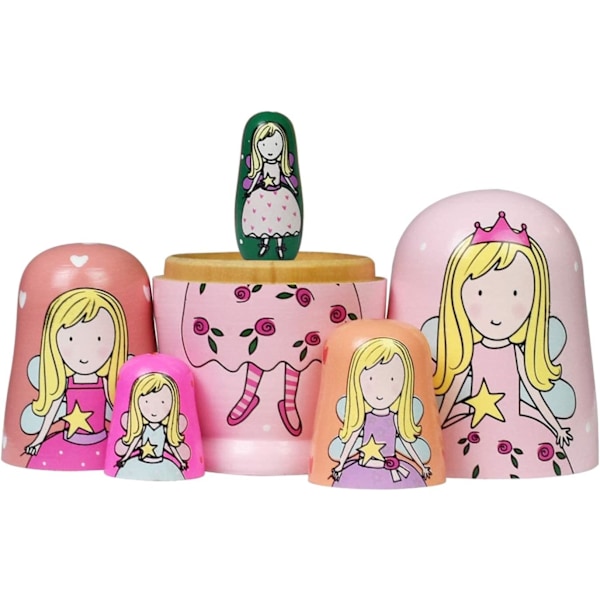 Russiske Nesting Dolls - Pink Angel Girls Træ Matryoshka Dolls til Børn Håndlavede Søde Tegneserie Nesting Doll Legetøj Stablet Dukkesæt af 5