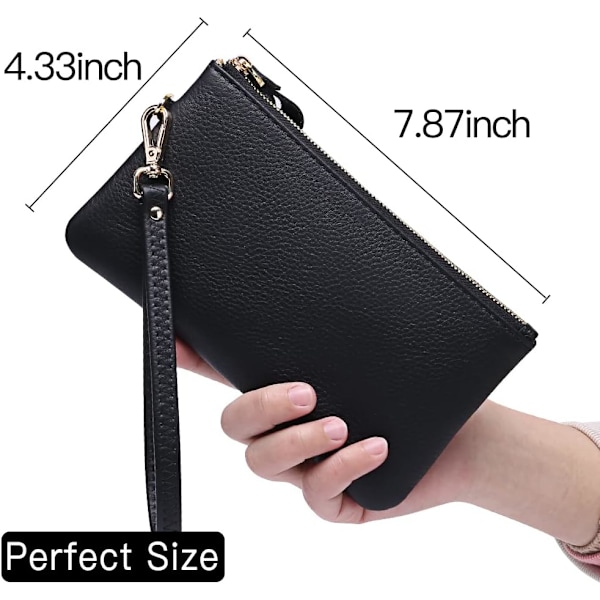 Håndleddsveske for kvinner, RFID-blokkerende Clutch-vesker for kvinner, ekte lærhåndvesker for kvinner med håndleddsstropp og glidelåslomme for mynter Black