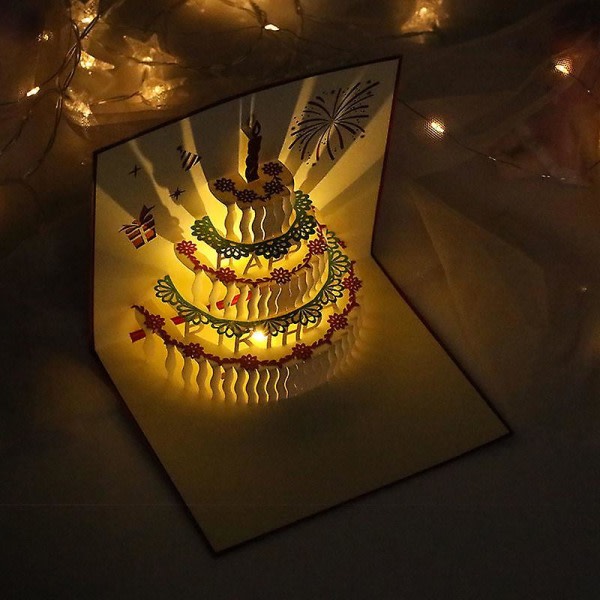 3D-syntymäpäiväkortit, 1 pakkaus väriä vaihtavat kynttilät &amp; Automaattinen musiikin toisto Hyvää syntymäpäivää kakkukortti