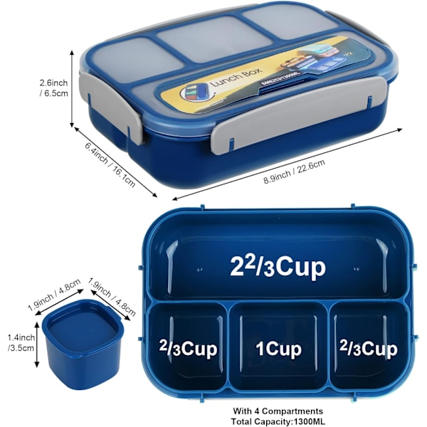 Matboks for voksne, matboks for barn, matbeholdere for voksne, barn og studenter, 6 rom 1300ml bento matboks Blue