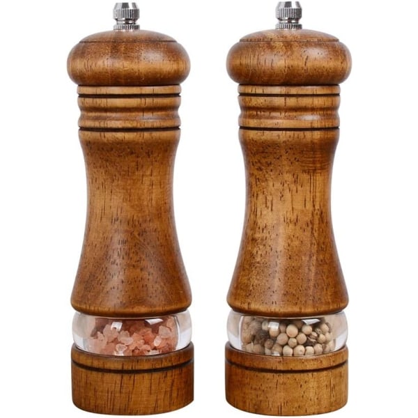 Manual Pepper and Salt Mill, Wooden Adjustable Pepper Grinder Spice Shaker for Professional and Home Kitchen Use, Set of 2 Spice Grinders