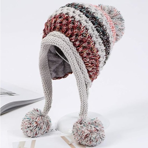 Naisten talvinen neulottu korvaläpällinen pompom-hattu