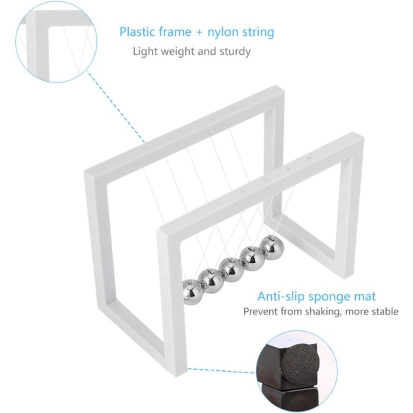 Newtons Vugge Skrivebordsleketøy, Pendelkuler Sving, Metallkulebalanse med Plastramme Svingende Kuler Pendel, 5 Kuler Pendelbølgeleketøy (hvit)