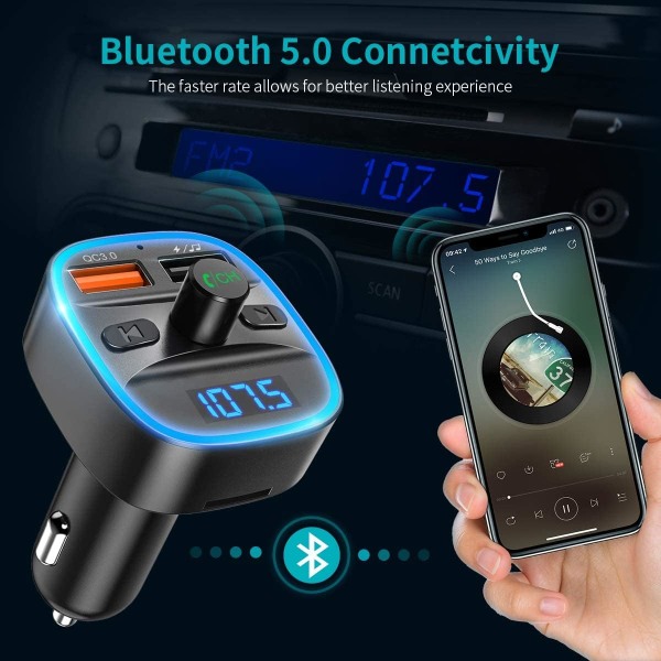 Bluetooth FM-sändare - Bluetooth V5.0 trådlös - Snabbladdning 3.0 - 7 LED RGB Colors