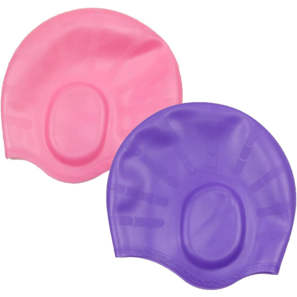 2 stk. svømmehætte, der dækker ørerne, badehætte, silikone, vandtæt, med ørebeskyttelse til unisex, voksne, kvinder og mænd Pink+purple