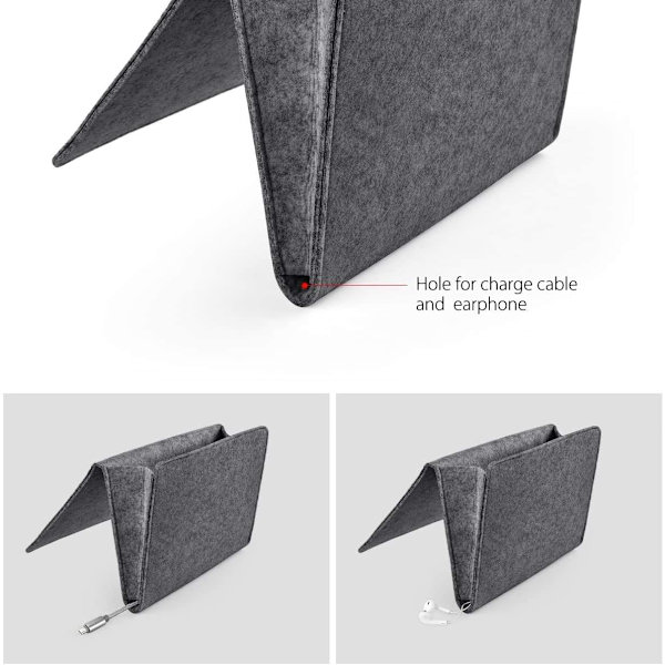 Tykkere sengeborde lommeopbevaringsholder, filt sengebord caddy hjem sofa skrivebord seng caddy opbevaringsarrangør med 2 små lommer (grå med hul)