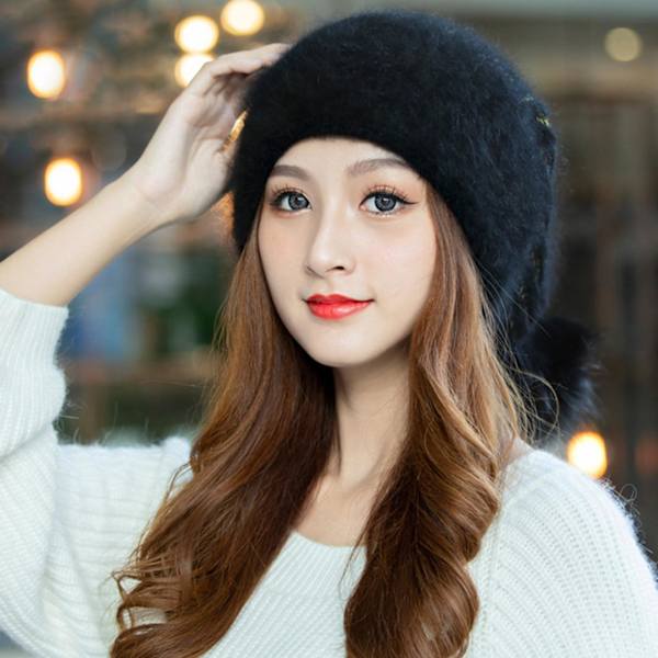 Strikke lue baggy slouchy bak pompom stretchy dobbelt lag hold varmen tykk høst vinter kvinner lue lue for utendørs Black One Size