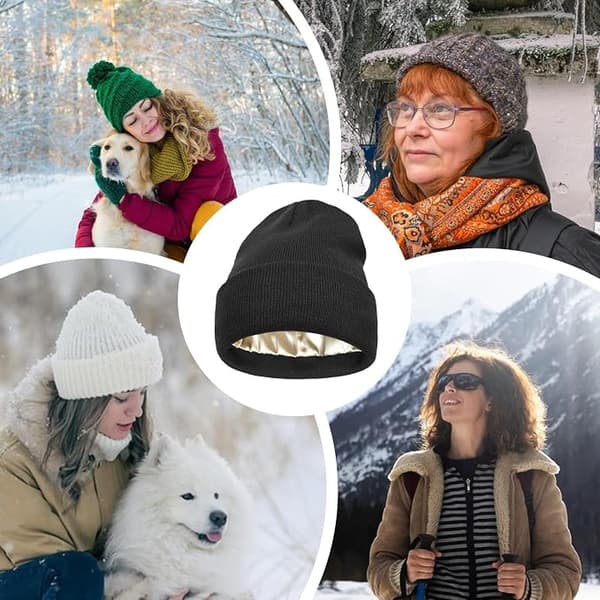 Satinfodrade vintermössor, satinfordrad beanie vintermössa, stickad klockhatt med silkefoder, silkefodrad slouchy beanie, unisex enfärgad skullcap Black