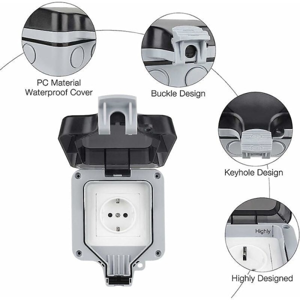 Udendørs stikkontakt IP66, vægstikkontakt til udendørs brug, vandtæt udendørs stikkontakt, stikkontakt med hængslet låg med beskyttelseskontakt