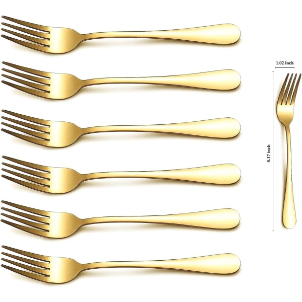 Guldmiddagsgaffel 6 stycken, Rostfritt Stål 20,5 cm Gafflar Guld Titanplätering Bröllopsserviser, Guldgafflar Set om 6