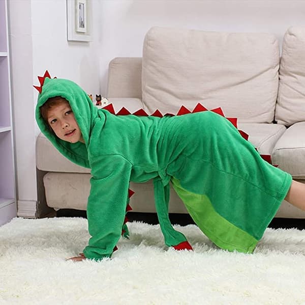 Børne Dinosaur Plys Hætte Badekåbe Grøn Green L