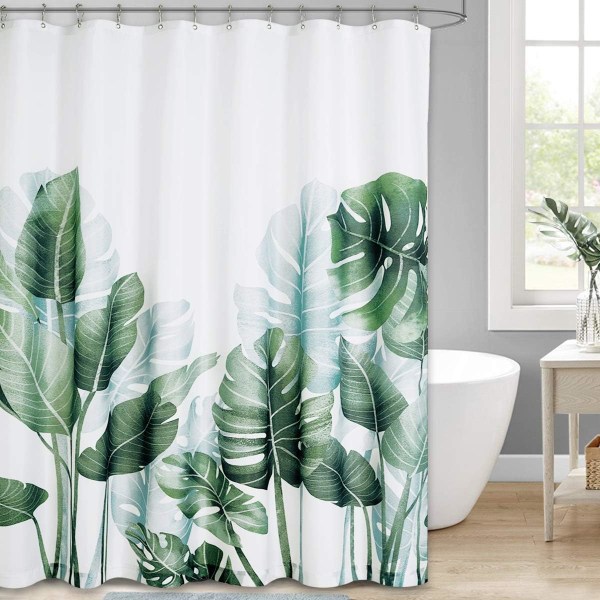 Vanntett dusjforheng, grønne plantainblader trykt dusjgardinkroker Tykke muggbestandige for bad, 180 x 180 cm (72 x 72 tommer)