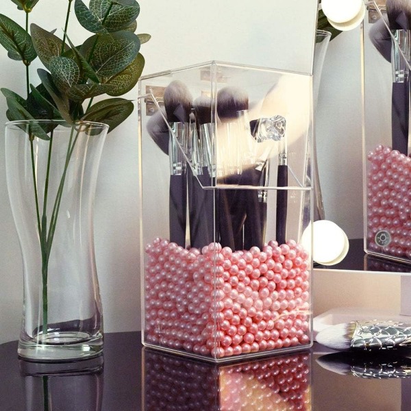 Makeupborsthållare Organizer med lock, Akryl genomskinlig Organizer Förvaring Dammtät låda - Akryl Makeupborsthållare med rosa pärlor