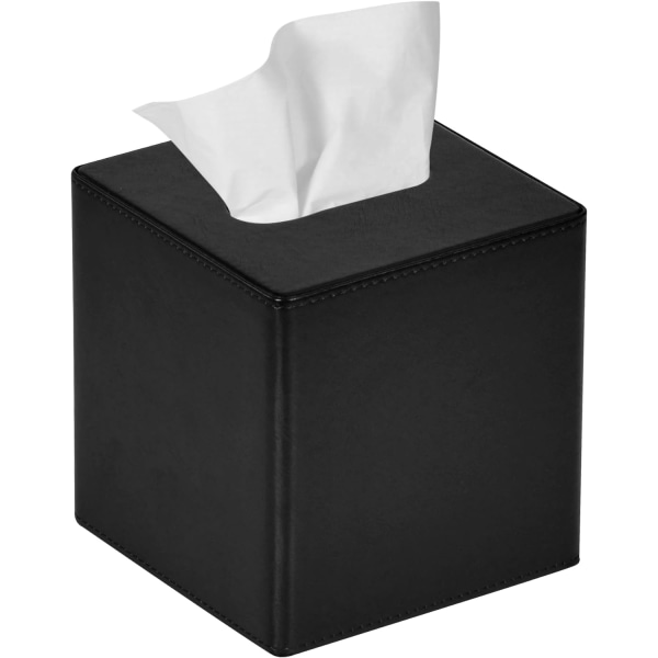 Tissue Box Cover Fyrkantigt PU Läder Ansikts Tissue Box Hållare för byrå Badrumsinredning (svart)