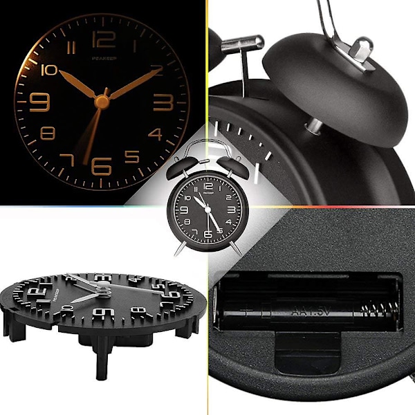 4 Tums Dubbelklocka Ljudlarm för Tungsovare, Bakgrundsbelysning, Batteridriven Gammaldags Väckarklocka för Sovrum Black