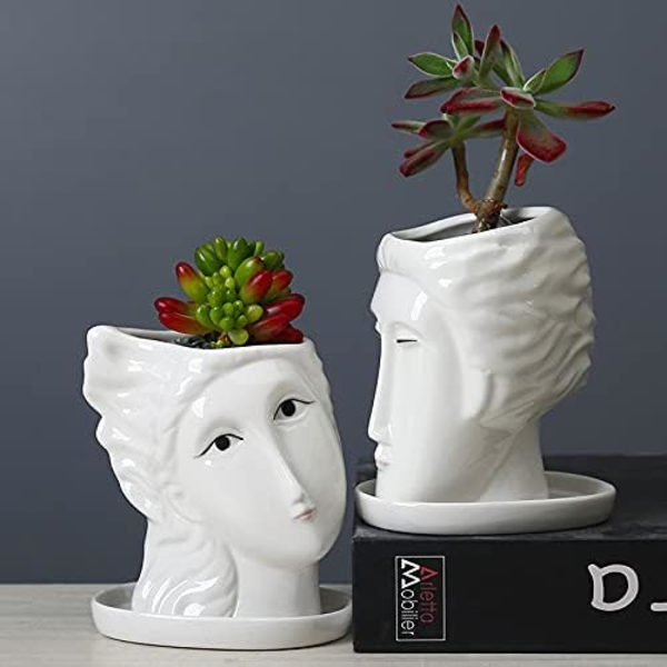 Keramisk Blomkruka och Fat Set Ansiktsvas Huvud Blomkruka Skulptur Planteringskruka Blomkruka Dekorativ Blomvas Skrivbordsvas Sukkulenter Blomkruka（Man