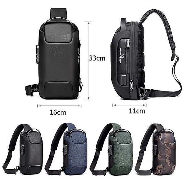 Miesten crossbody-rintareppu, vedenpitävä, varkaudenesto, reppu, USB-latausportti Blue