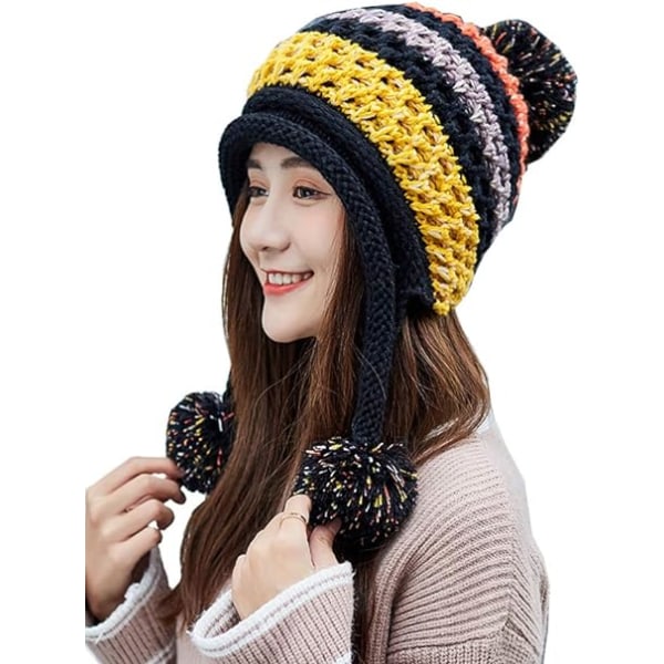 Naisten talvineulottu korvaläpät Pompon-hattu