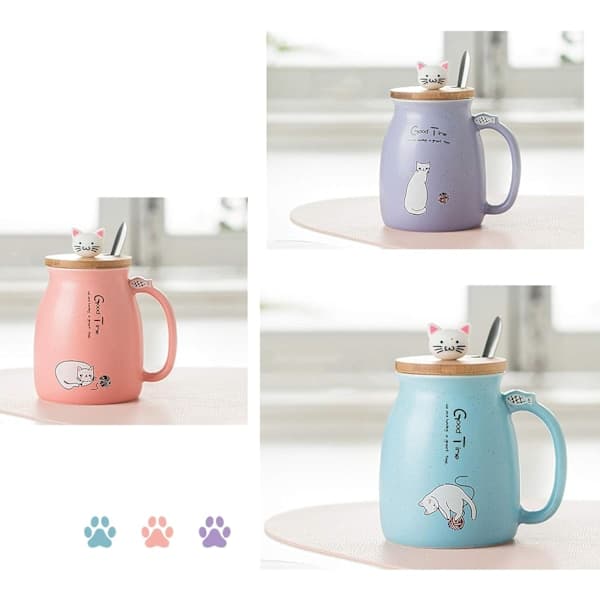 Frukostmugg Present till Vänner Katt Kaffemugg Kanin Tekopp med Lock Sked Blå Blue