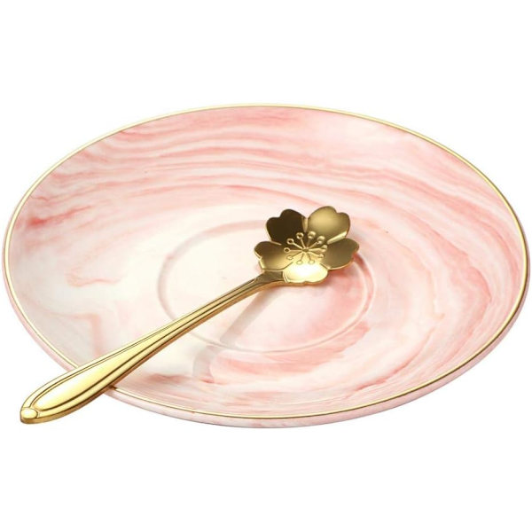 Marmor Keramisk Kopp og Skålsett Kamelia Mønstret Bone China Kaffe Krus Te Kopp Gullkant med Kaffe Kopp, Skål og Skje, 200ml (Rosa)