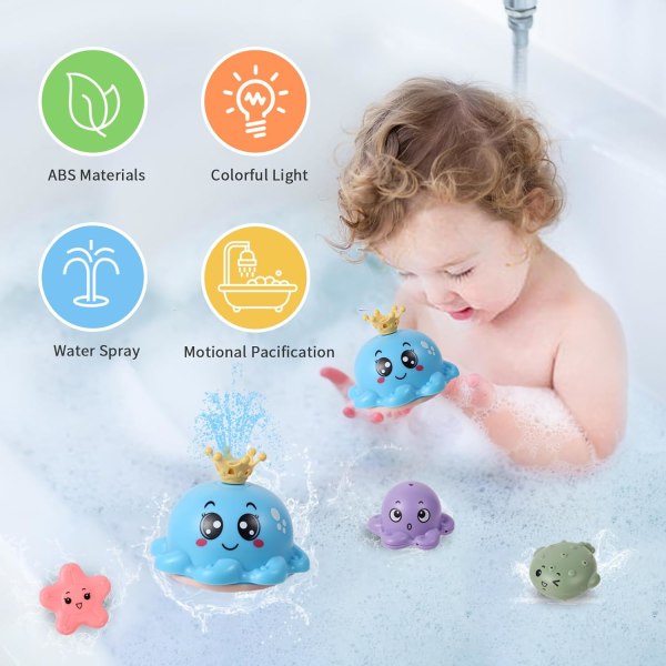 Baby Badleksaker för 1 2 3 Åriga Pojkar Flickor, LED Automatisk Spray Vatten Bläckfisk Ljus Upp Badkar Simbassäng Leksaker Gåvor för Småbarn 0-6 Månader Blue Octopus