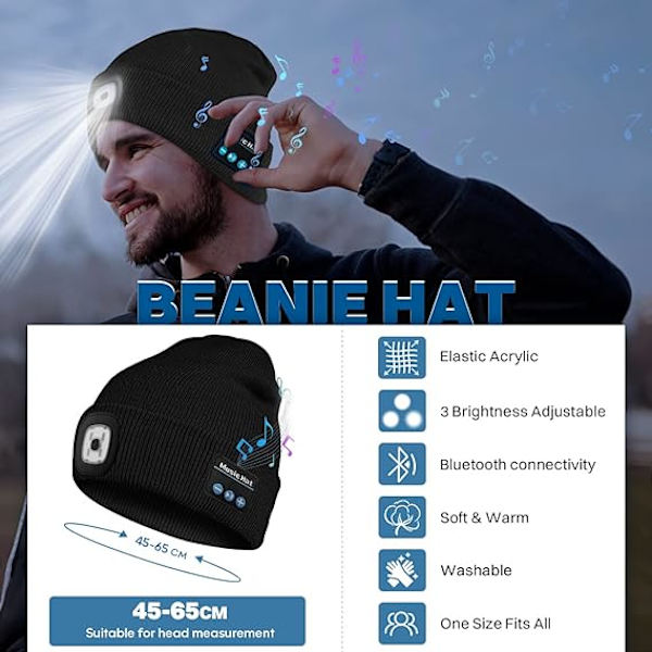 LED-lys Bluetooth Up Beanie, til camping og løb