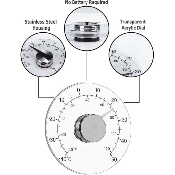 Indendørs og udendørs vinduestermometer, kræver ikke batteri, tydeligt ur, vejrtermometer Hy
