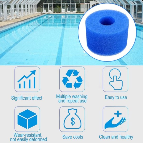 6 kpl uima-altaan suodatin Uudelleenkäytettävä pestävä vaahtomuovin vaihtokasetti porealtaan suodatinpatruuna tyypille S1 (sininen)