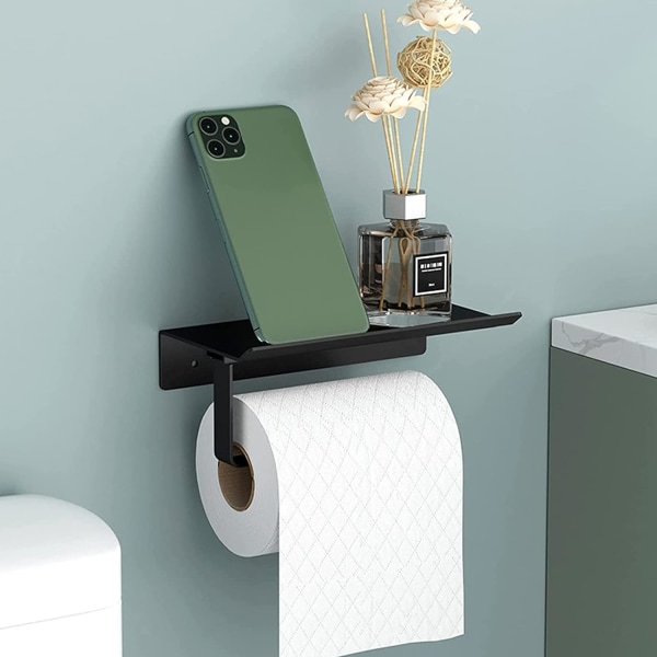 2 i 1 toiletrulleholder vægmonteret, sort toiletpapirholder selvklæbende metal aluminium køkkenrulleholder med hylde