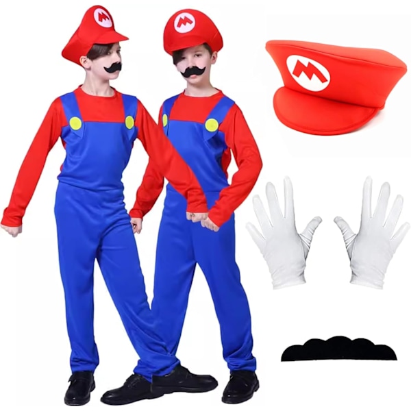 Costume for Kids 3-12, Mario and Luigi Costume Game Outfit Fancy Dress Up Jumpsuit Bodysuit Cosplay with Hat Gloves Moustaches （red，M)