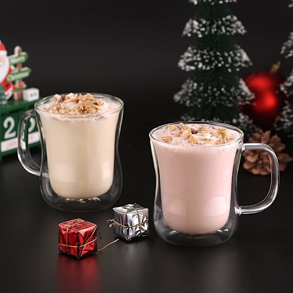 2x350ml Dobbeltveggede Kaffeglass Kopper Cappuccino Latte Macchiato Glass Kopper med Håndtak Motstandsdyktige Glass Kopper for Kaffe Te